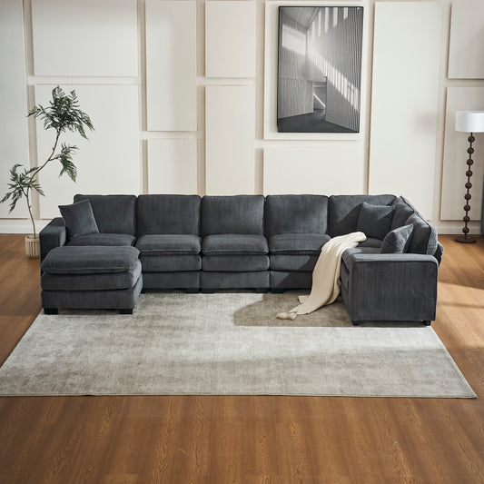 Dark grey corduroy sectional sofa with chaise and accent pillows for living rooms