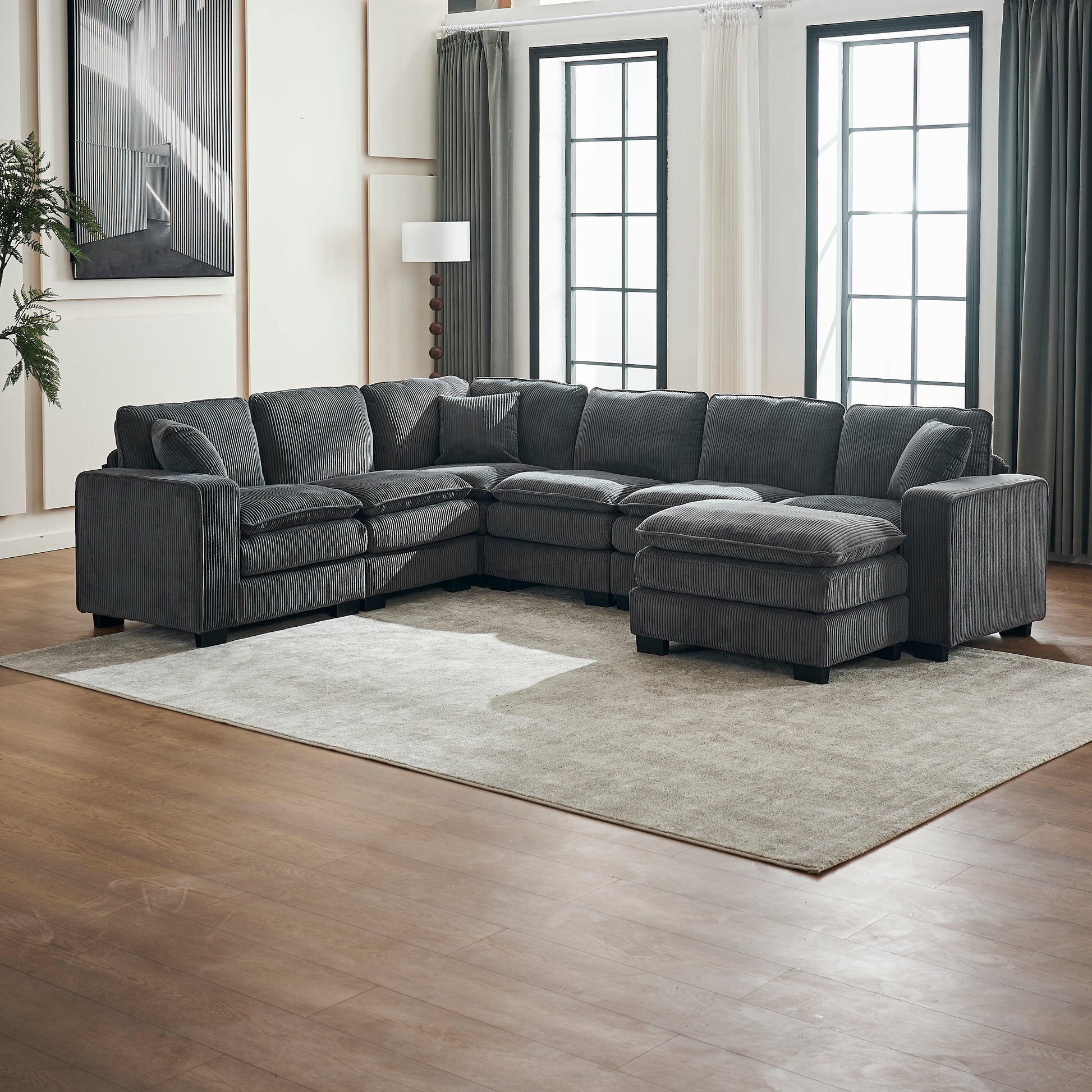 Dark grey corduroy sectional sofa with chaise and plush cushions modern living room furniture