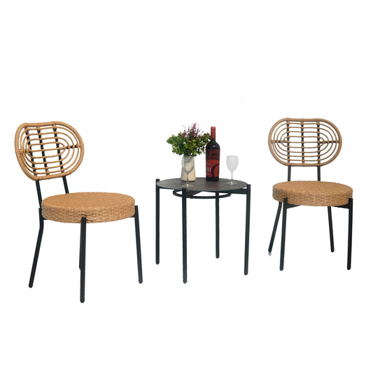 Wicker outdoor chair with black metal legs and round seat cushion