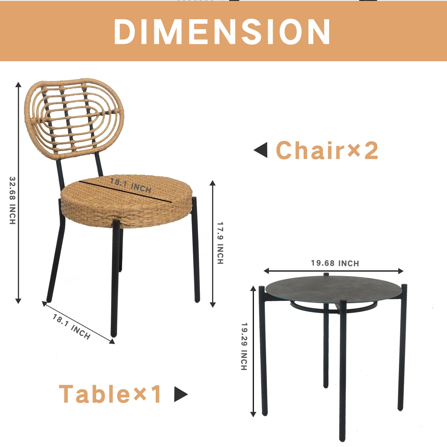 Woven rattan dining chair with black metal legs  inch seat diameter