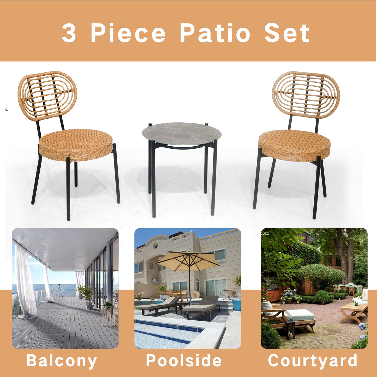 Rattan bistro set with two chairs and a round table for patio seating
