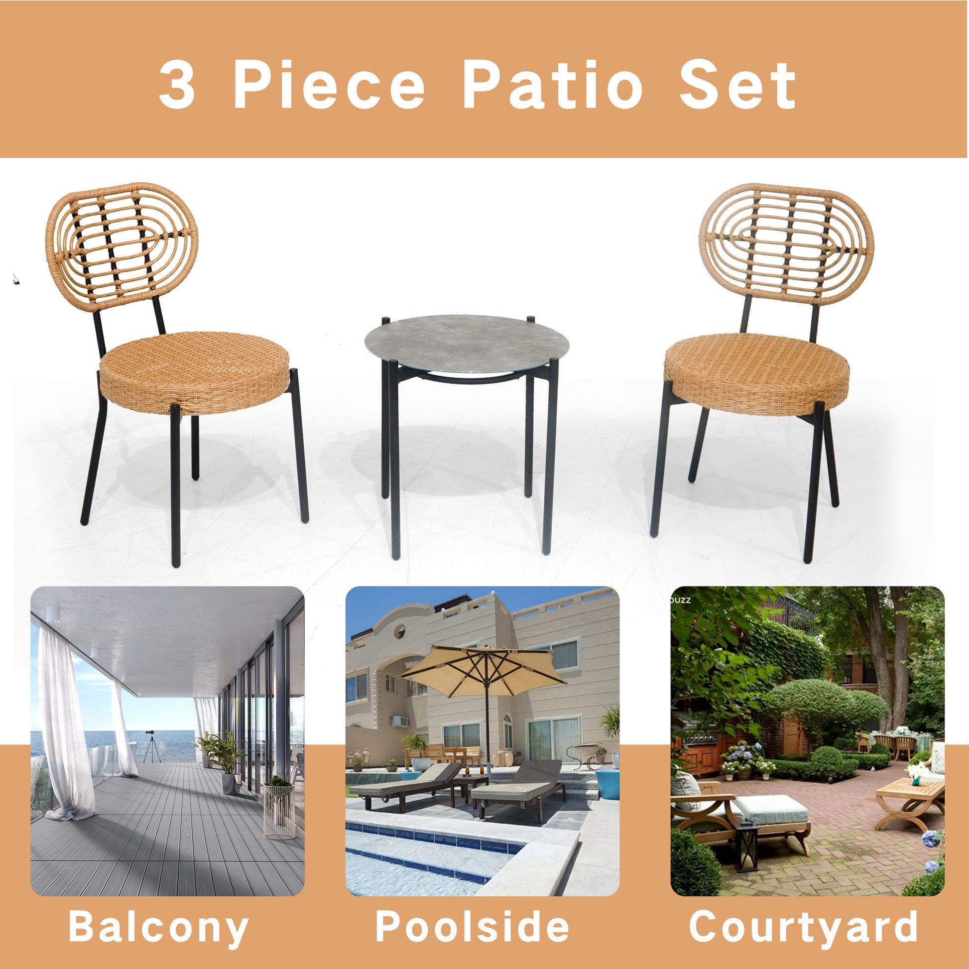 Rattan bistro set with two chairs and a round table for patio seating