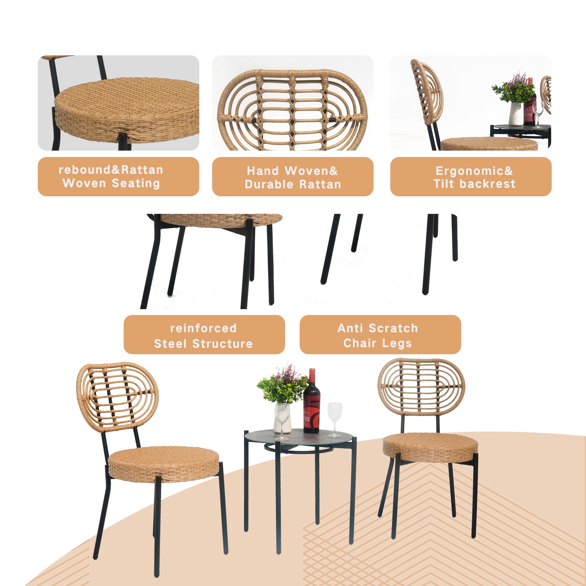 Woven rattan chair with ergonomic tilt backrest and reinforced steel legs for outdoor seating
