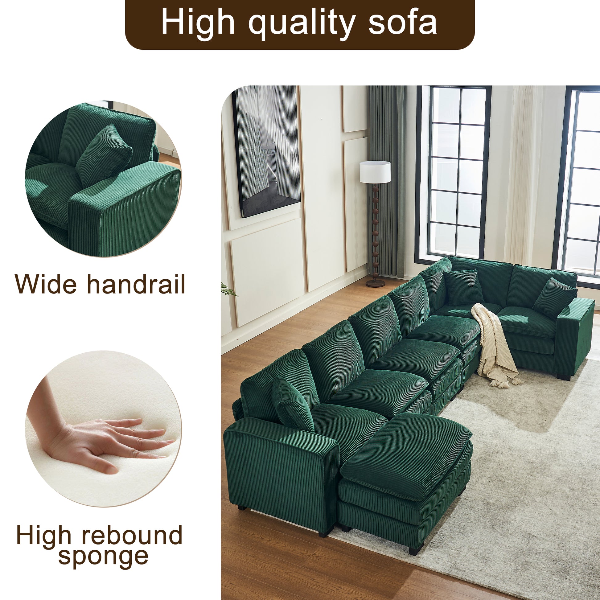 Emerald green corduroy sectional sofa with wide armrests and plush cushions