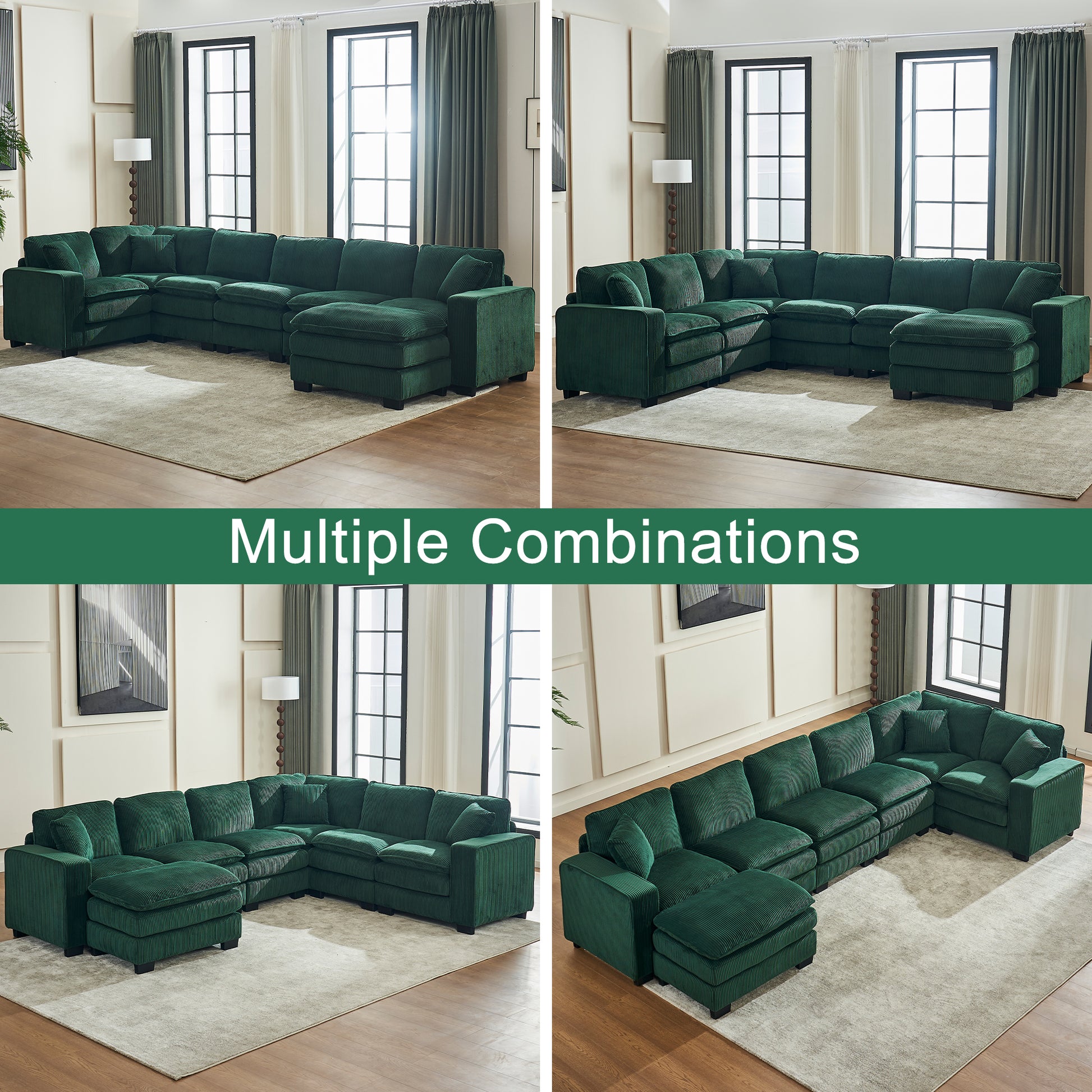 Deep green corduroy sectional sofa with plush cushions and matching ottoman perfect for living rooms