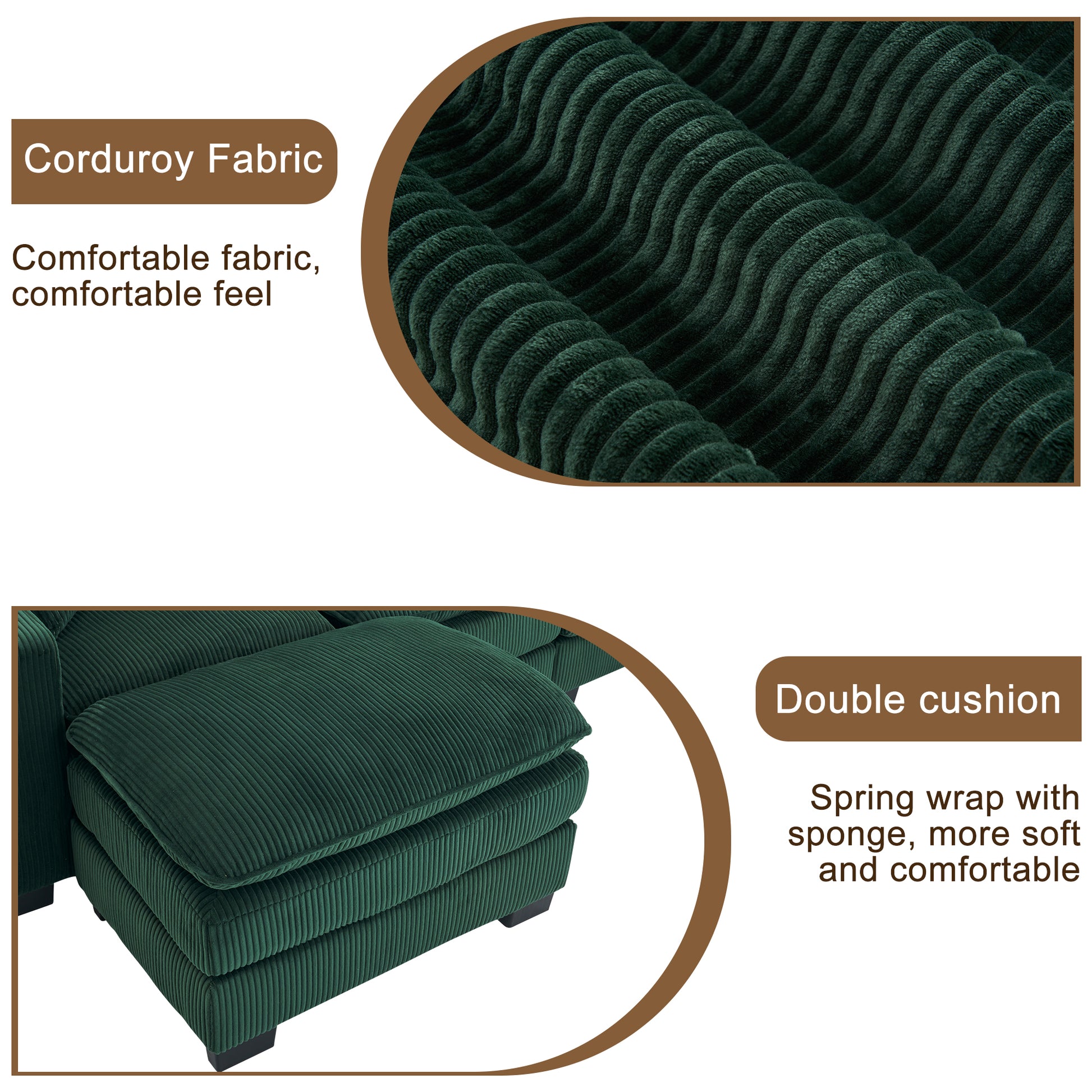 Closeup of plush dark green corduroy fabric with distinct raised ridges