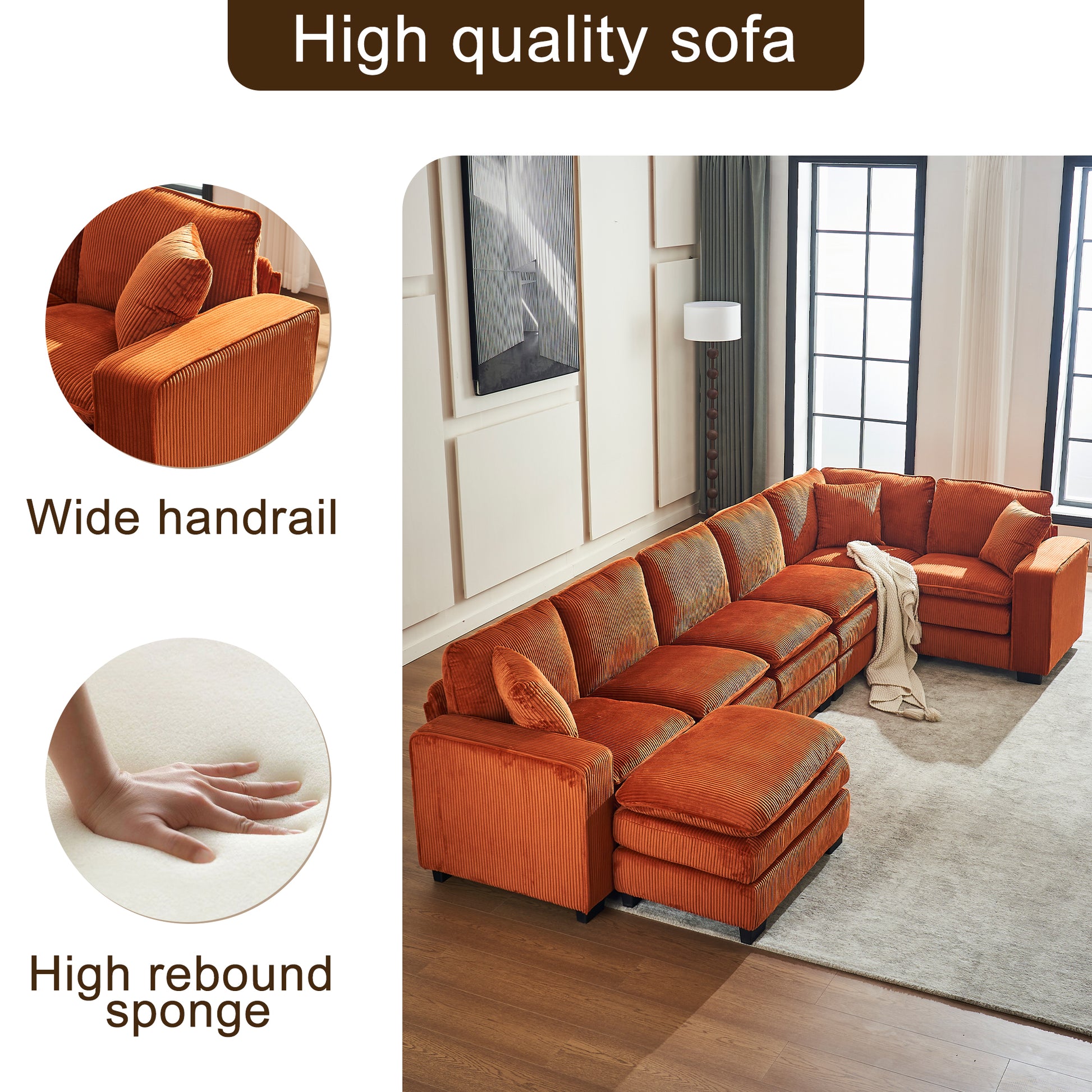 Spacious orange corduroy sectional sofa with wide armrests perfect for modern living rooms