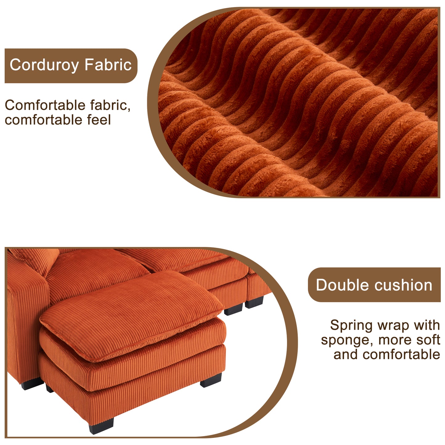 Closeup of plush burnt orange corduroy fabric with distinct vertical ridges for a cozy feel