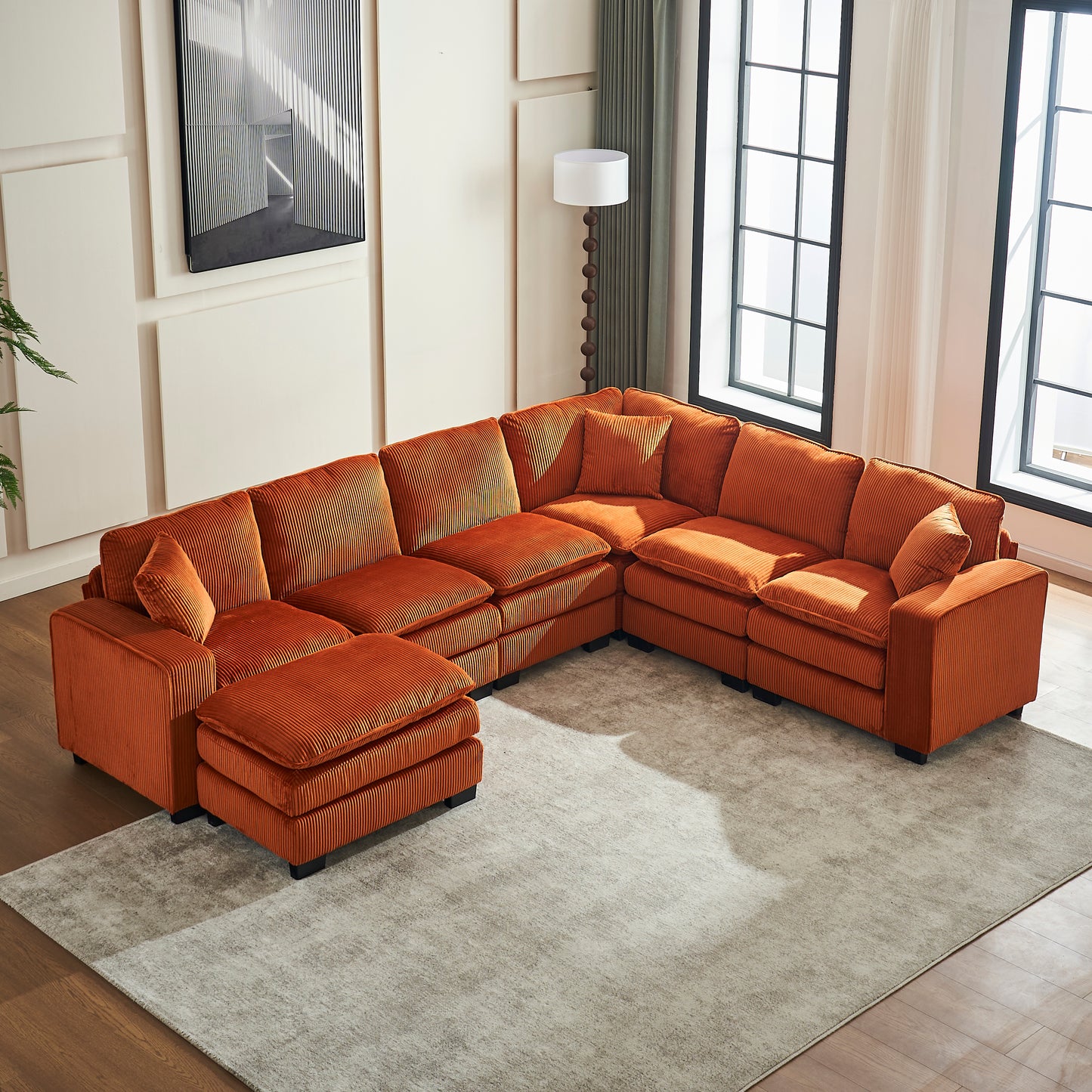 Orange corduroy sectional sofa with ottoman modern living room furniture