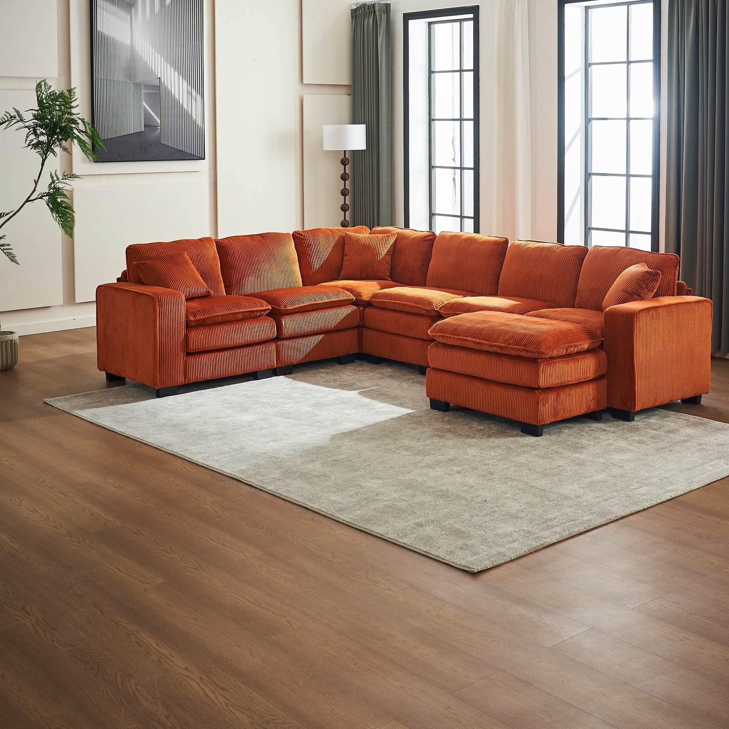 Orange corduroy sectional sofa with plush cushions perfect for modern living rooms