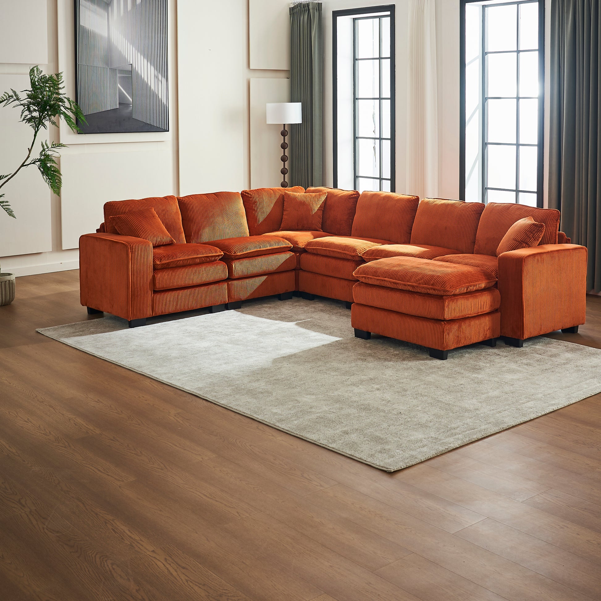 Orange corduroy sectional sofa with plush cushions perfect for modern living rooms