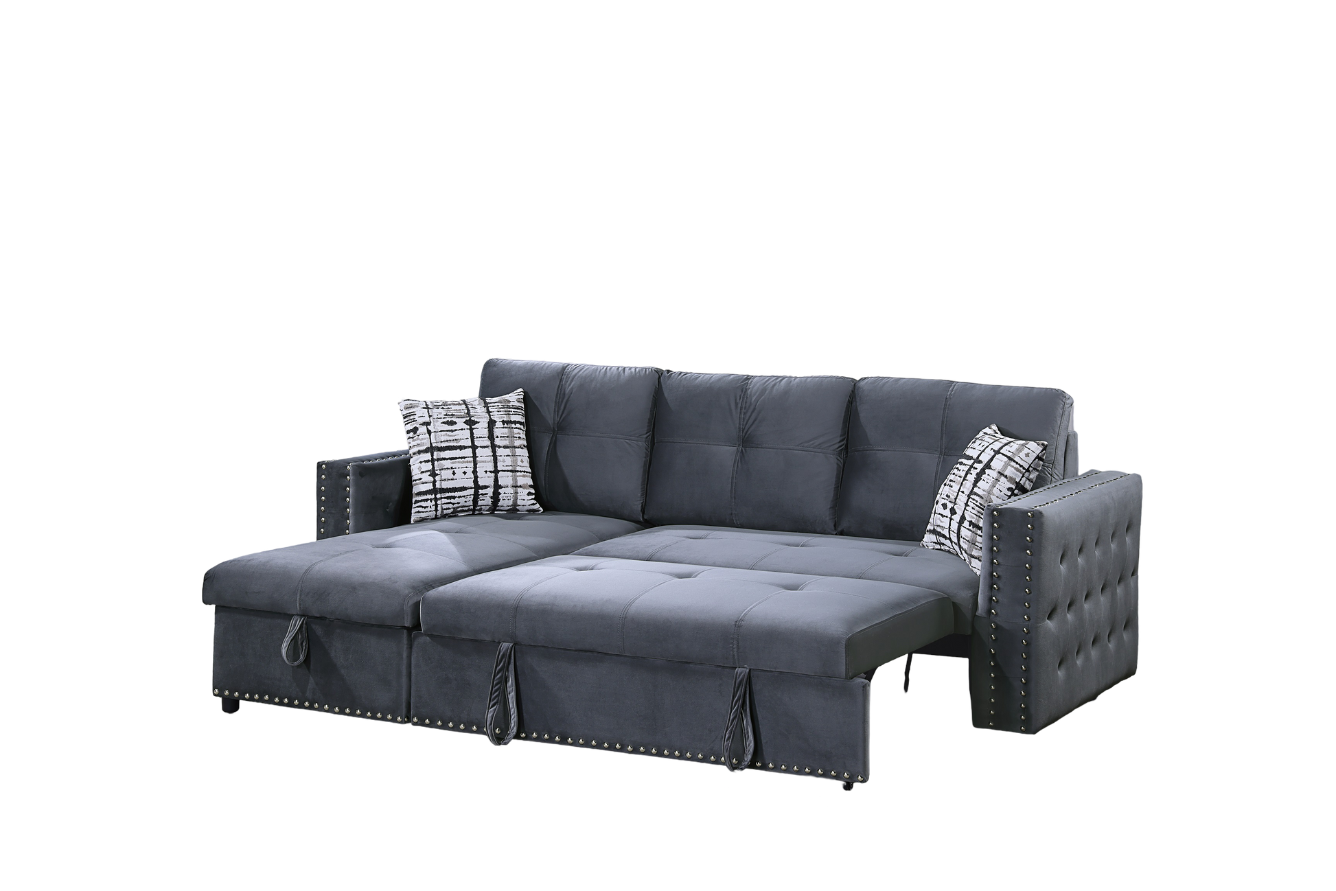 Dark grey velvet sectional sofa bed with pullout mattress tufted arms and silver nailhead trim