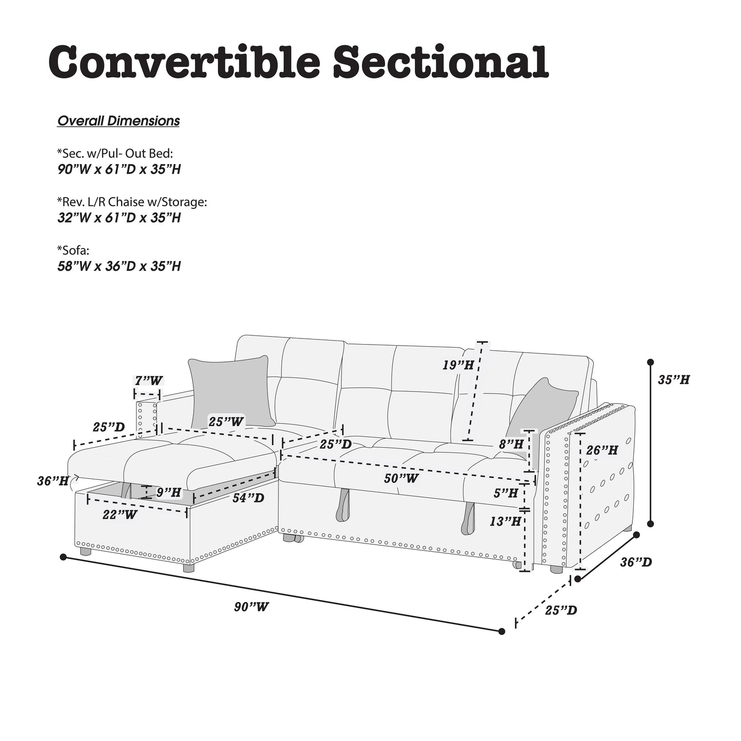 Diagram of a convertible sectional sofa showing dimensions W x D x H sofa W x D x H