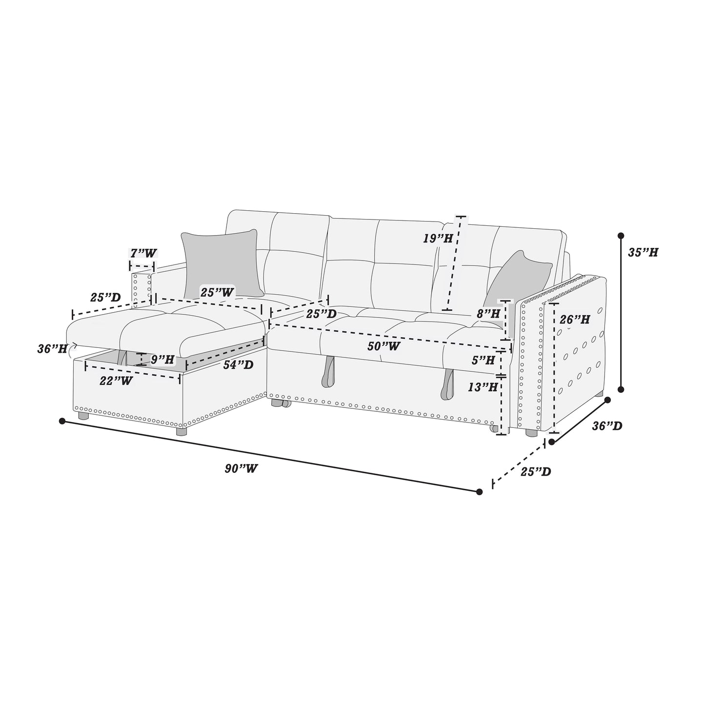 Tufted sectional sofa with chaise featuring button accents and measured dimensions for seating