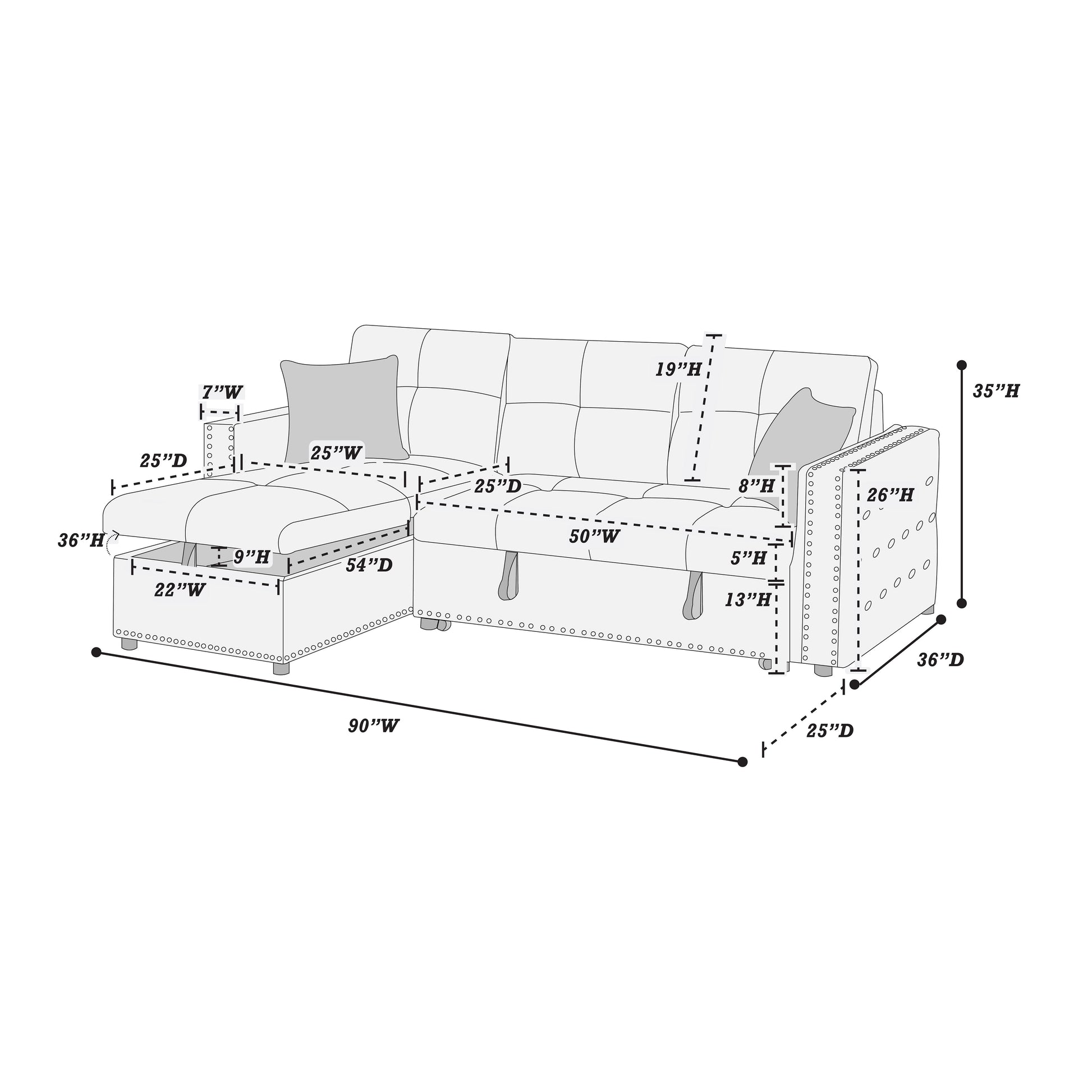 Tufted sectional sofa with chaise featuring button accents and measured dimensions for seating