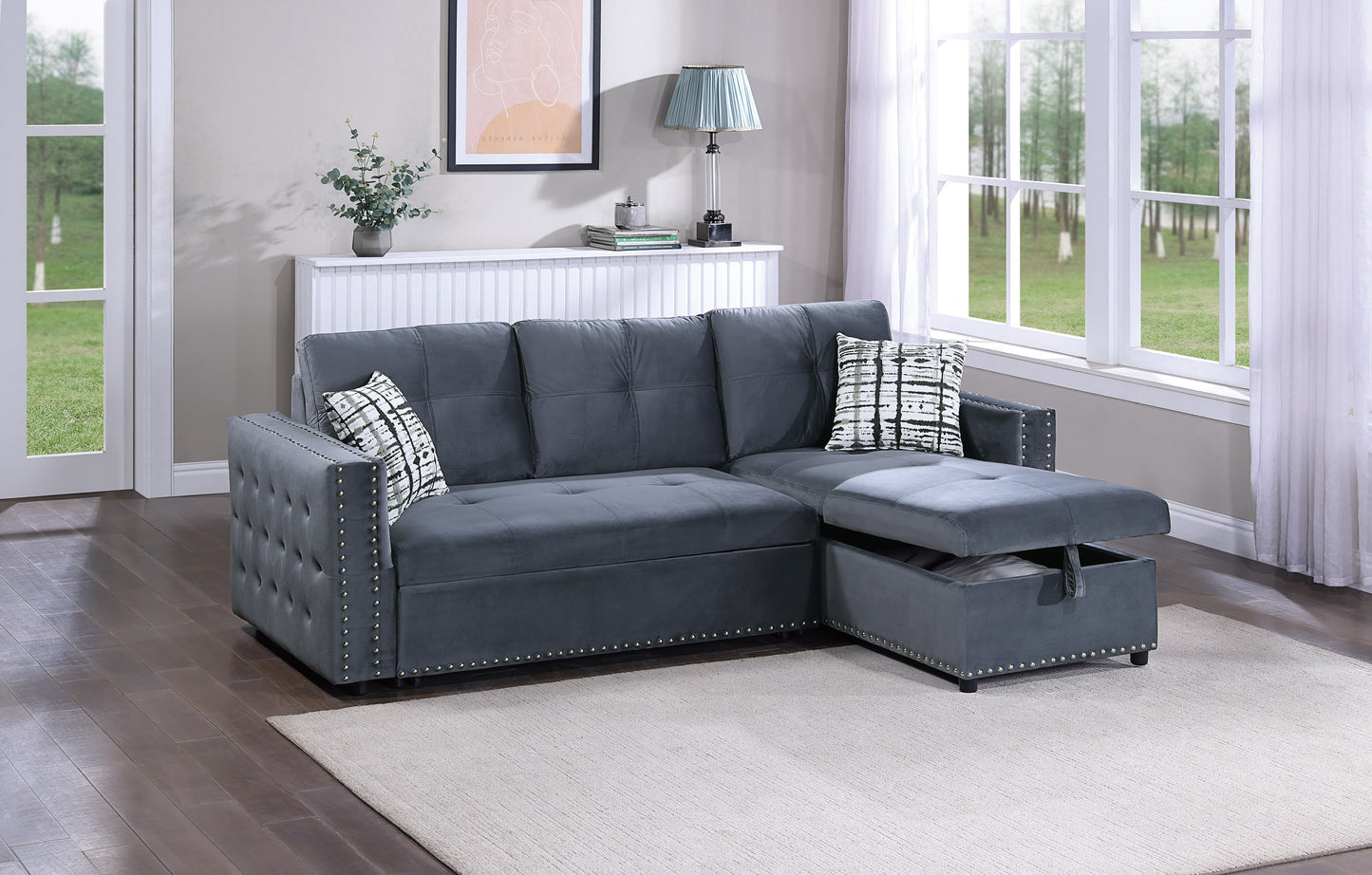 Dark gray velvet sectional sofa with tufted details and storage chaise for living rooms