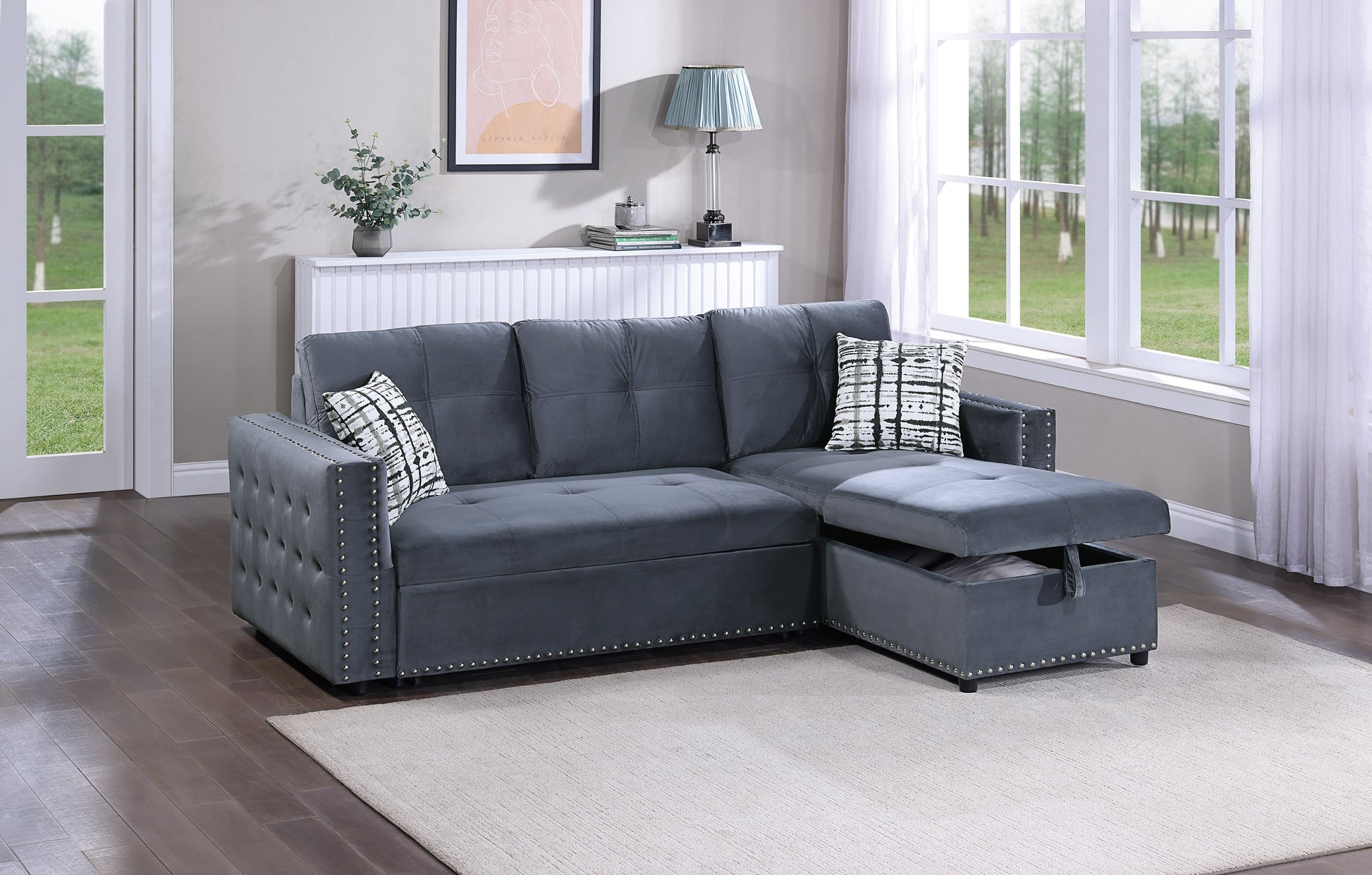 Dark gray velvet sectional sofa with tufted details and storage chaise for living rooms