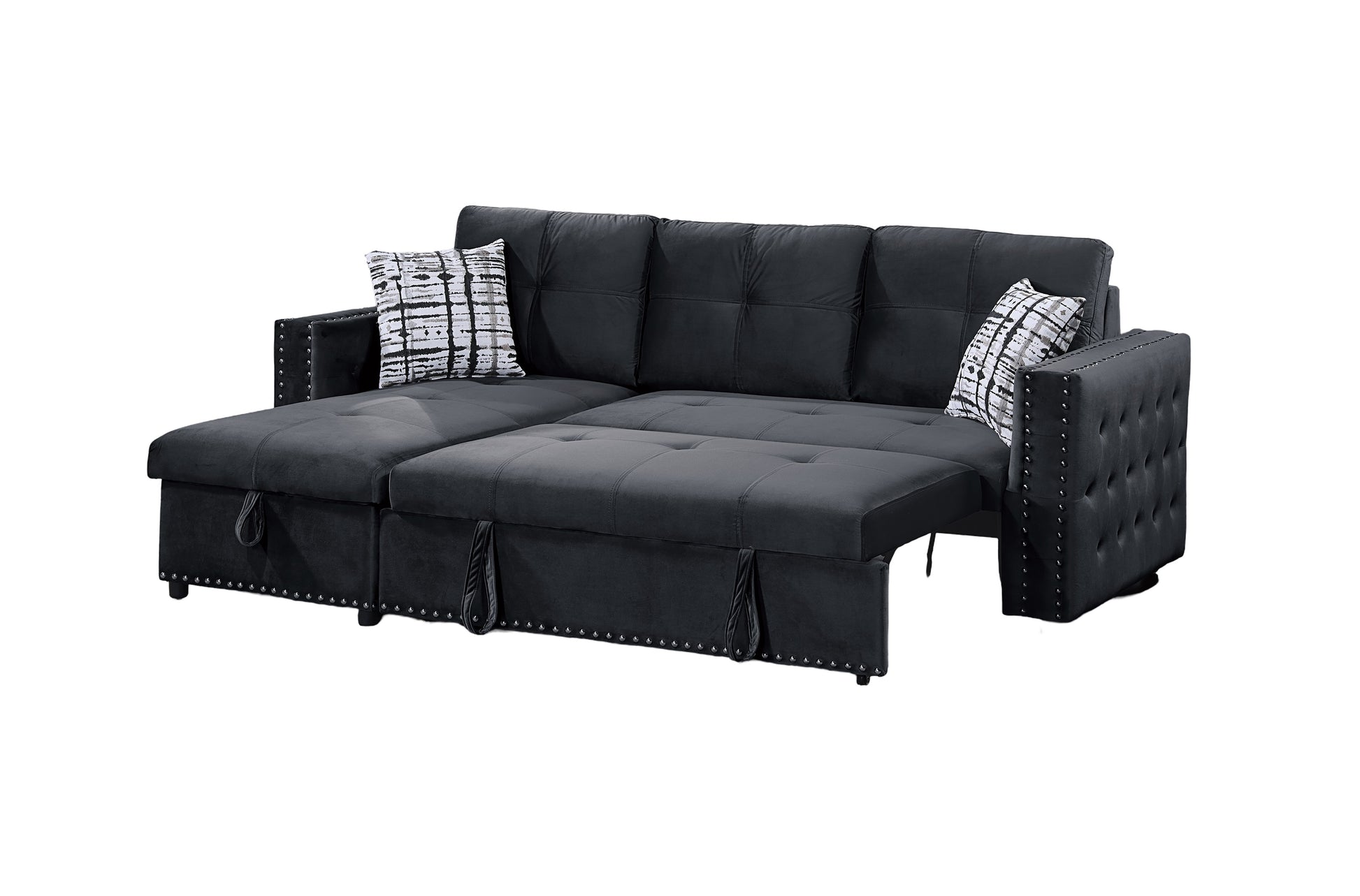 Dark grey velvet sleeper sofa with tufted accents and decorative nailhead trim
