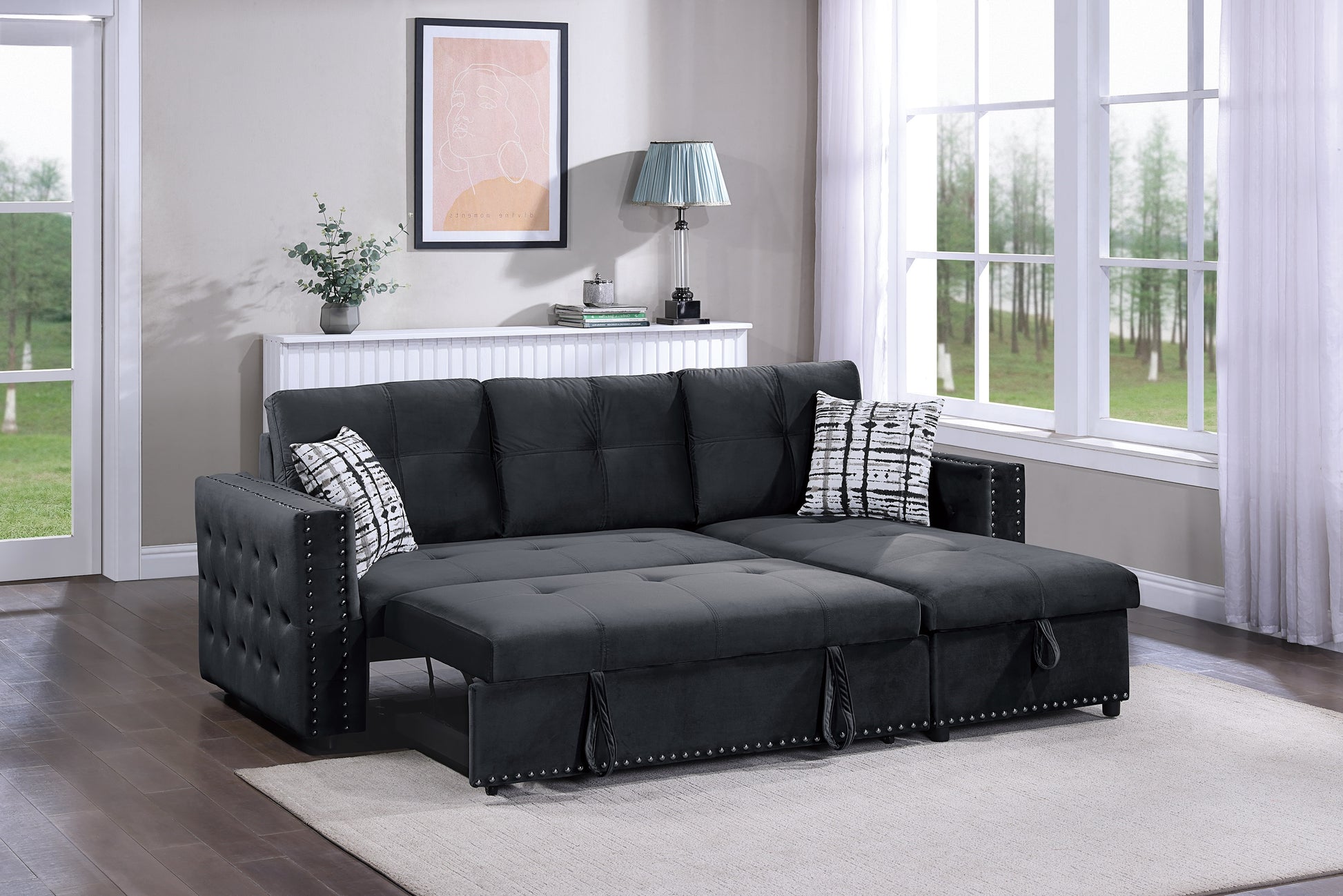 Dark gray velvet sectional sofa bed with tufted accents and nailhead trim