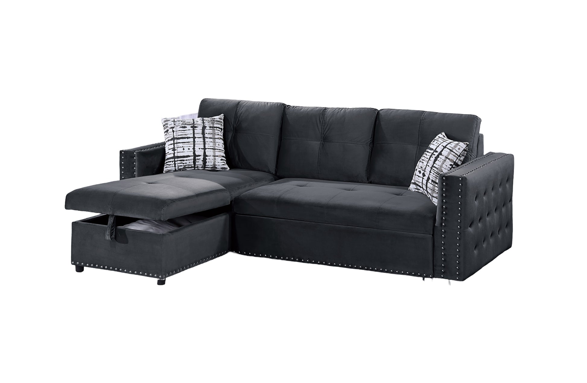 Dark gray velvet sectional sofa with tufted accents decorative nailhead trim and hidden storage