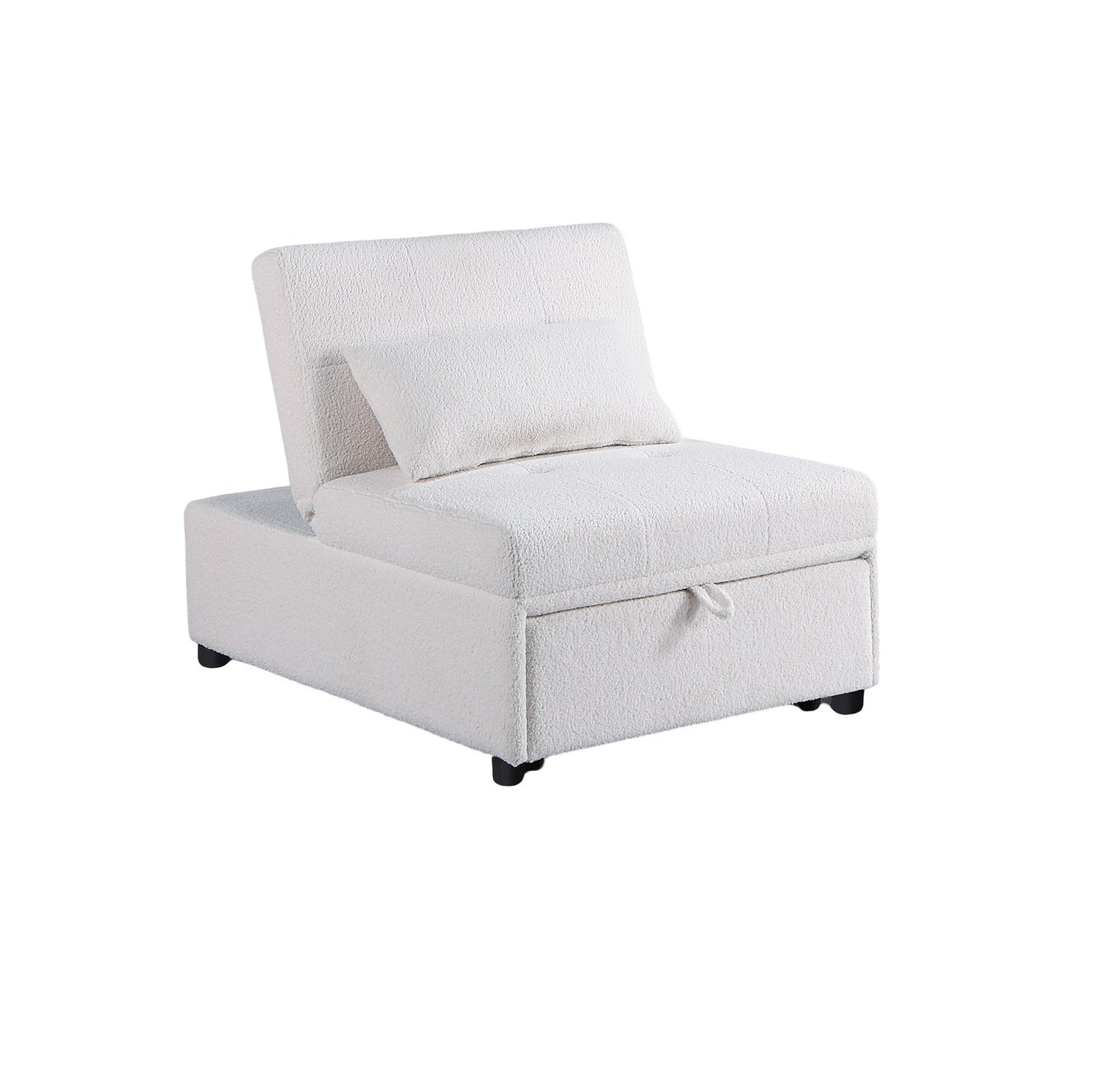 Cream textured accent chair with hidden storage and pullout ottoman