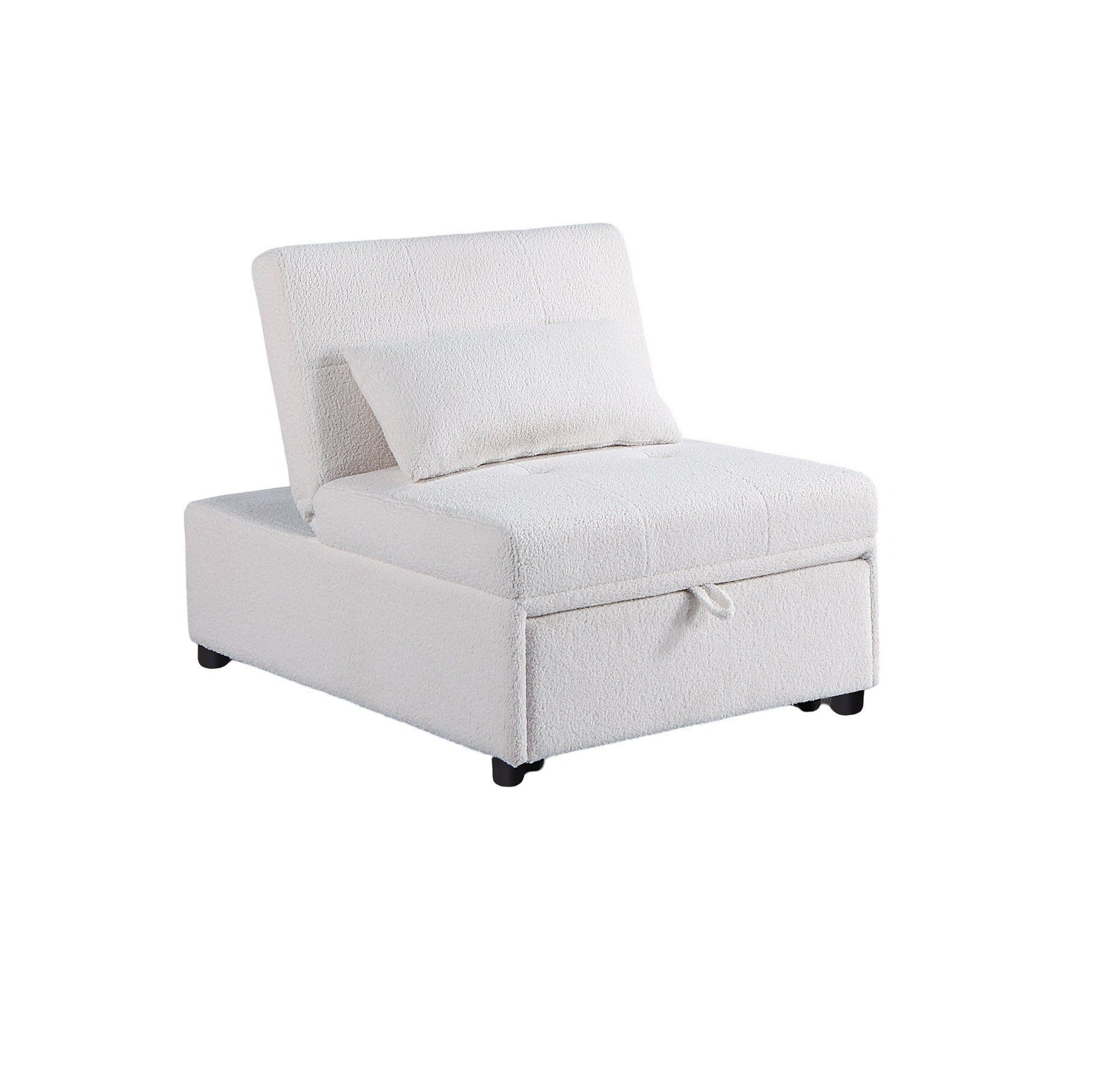 Cream textured accent chair with hidden storage and pullout ottoman