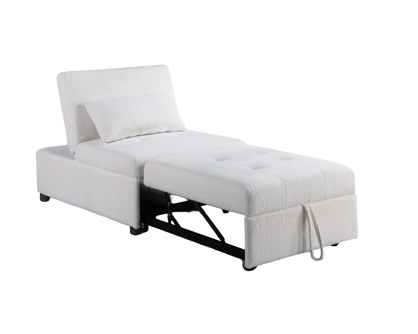 White boucl convertible sofa bed with pullout ottoman for small spaces