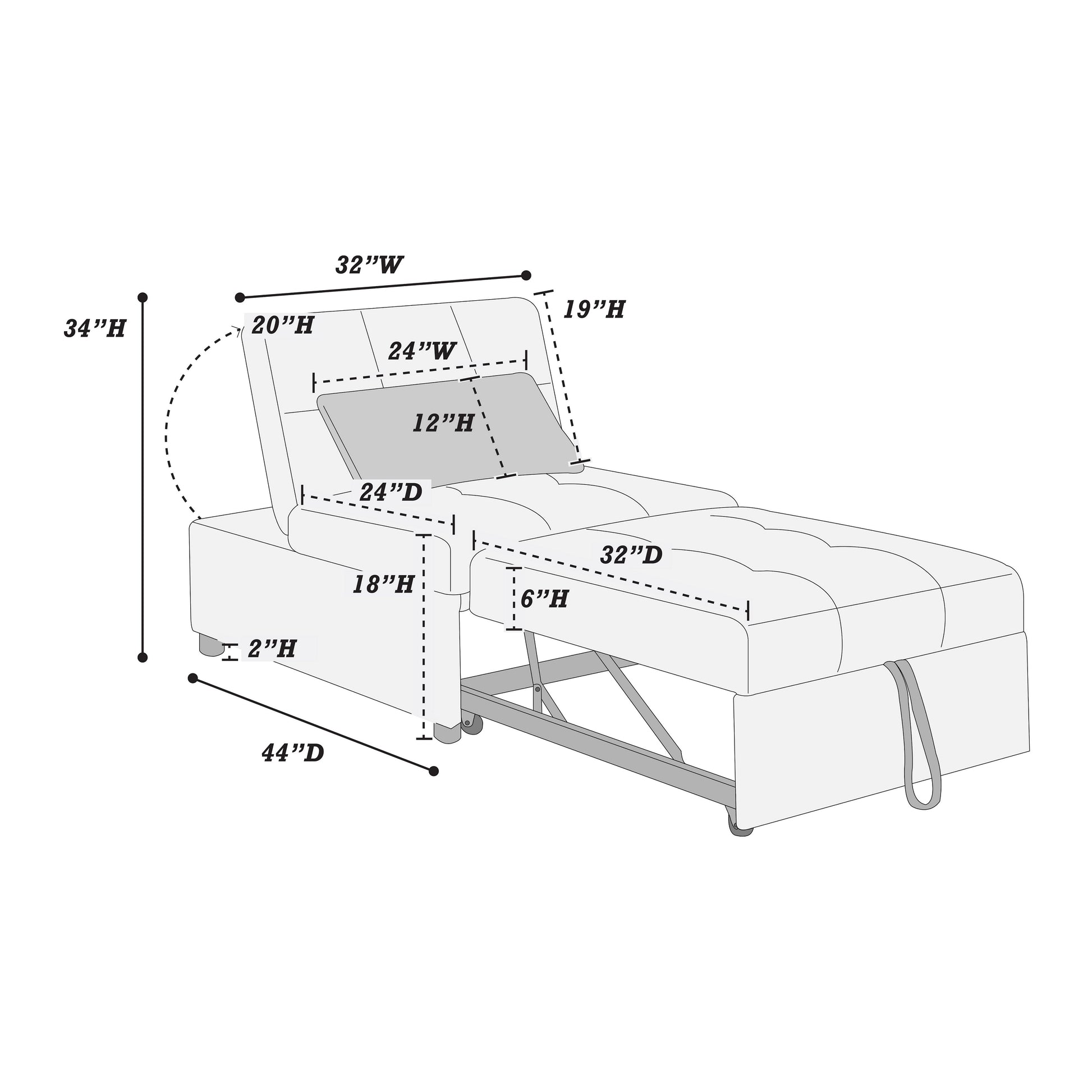 Sofa bed dimensions diagram W D H overall H backrest H seat height