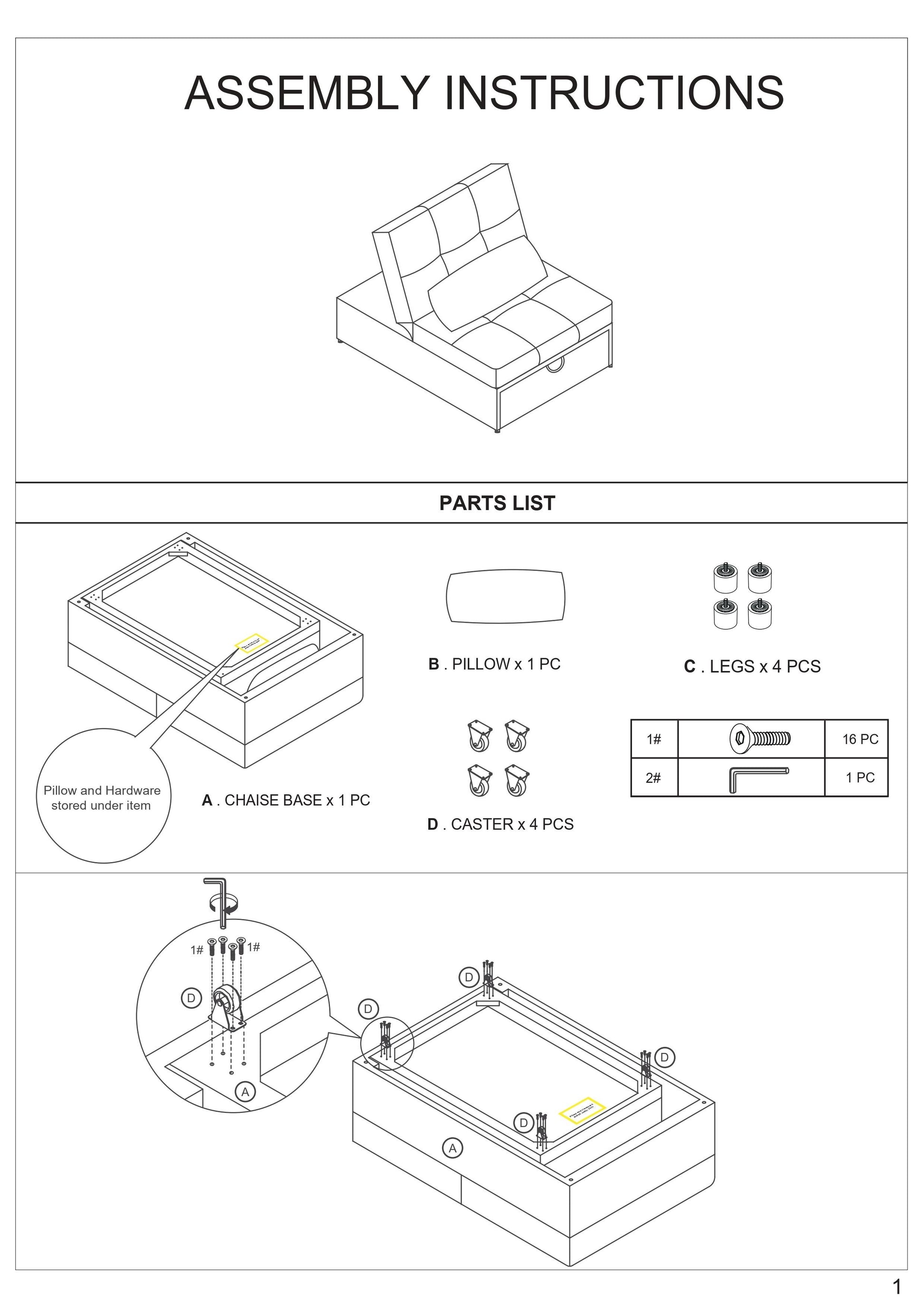 Assembly instructions showing a chaise base pillow legs and casters for furniture assembly