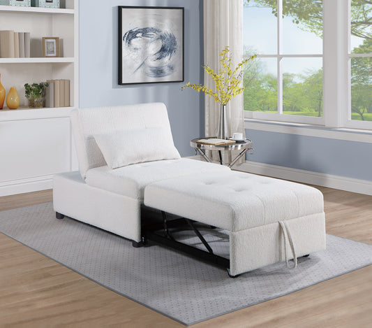 White boucle fabric sofa bed with pullout ottoman in a living room setting