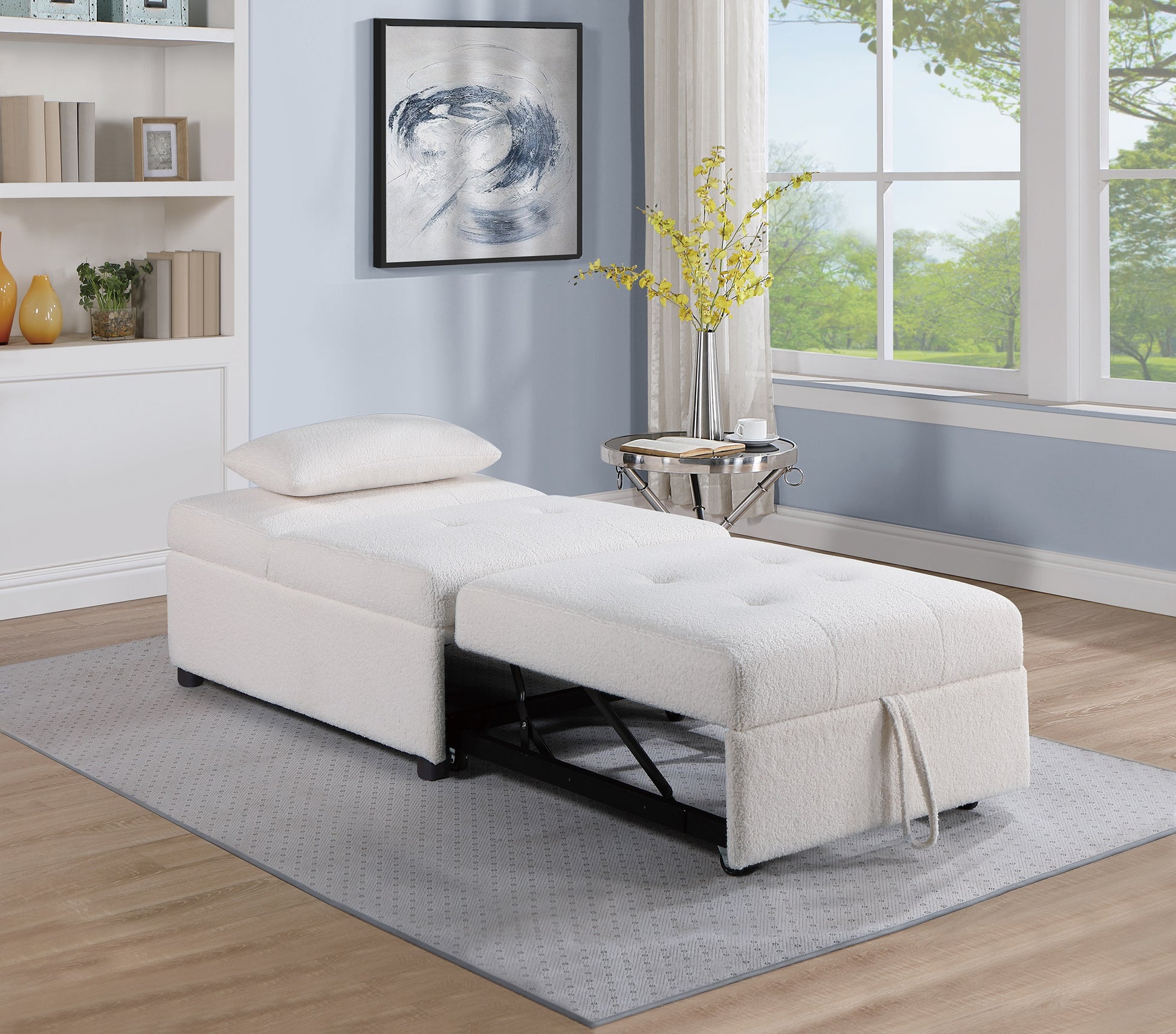 Cream textured pullout sleeper sofa with one pillow for compact living spaces
