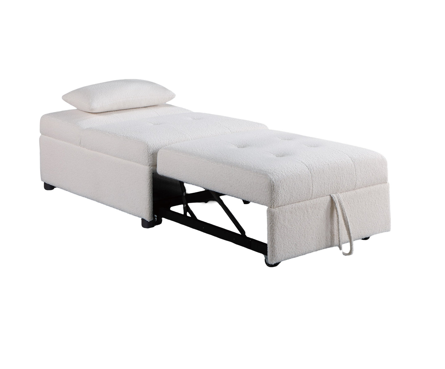 Cream boucle sleeper chair with ottoman pulled out for use