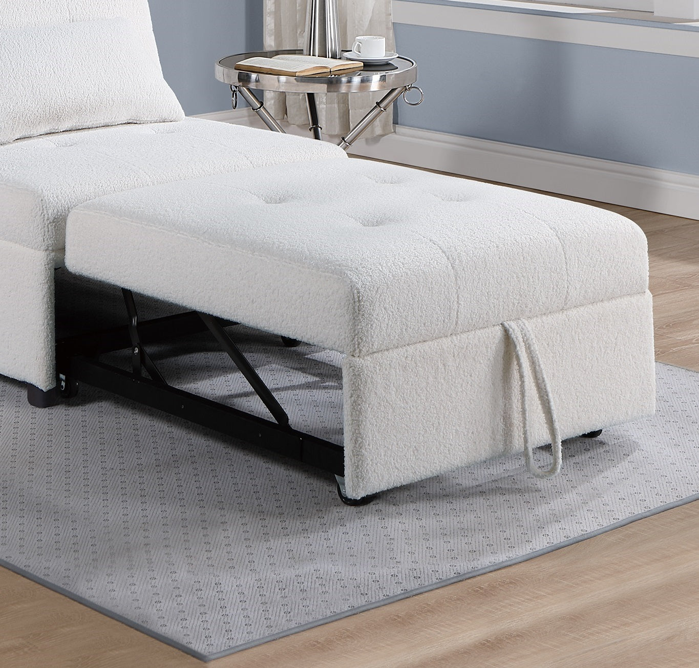 White sherpa ottoman with tufted top and hidden storage compartment