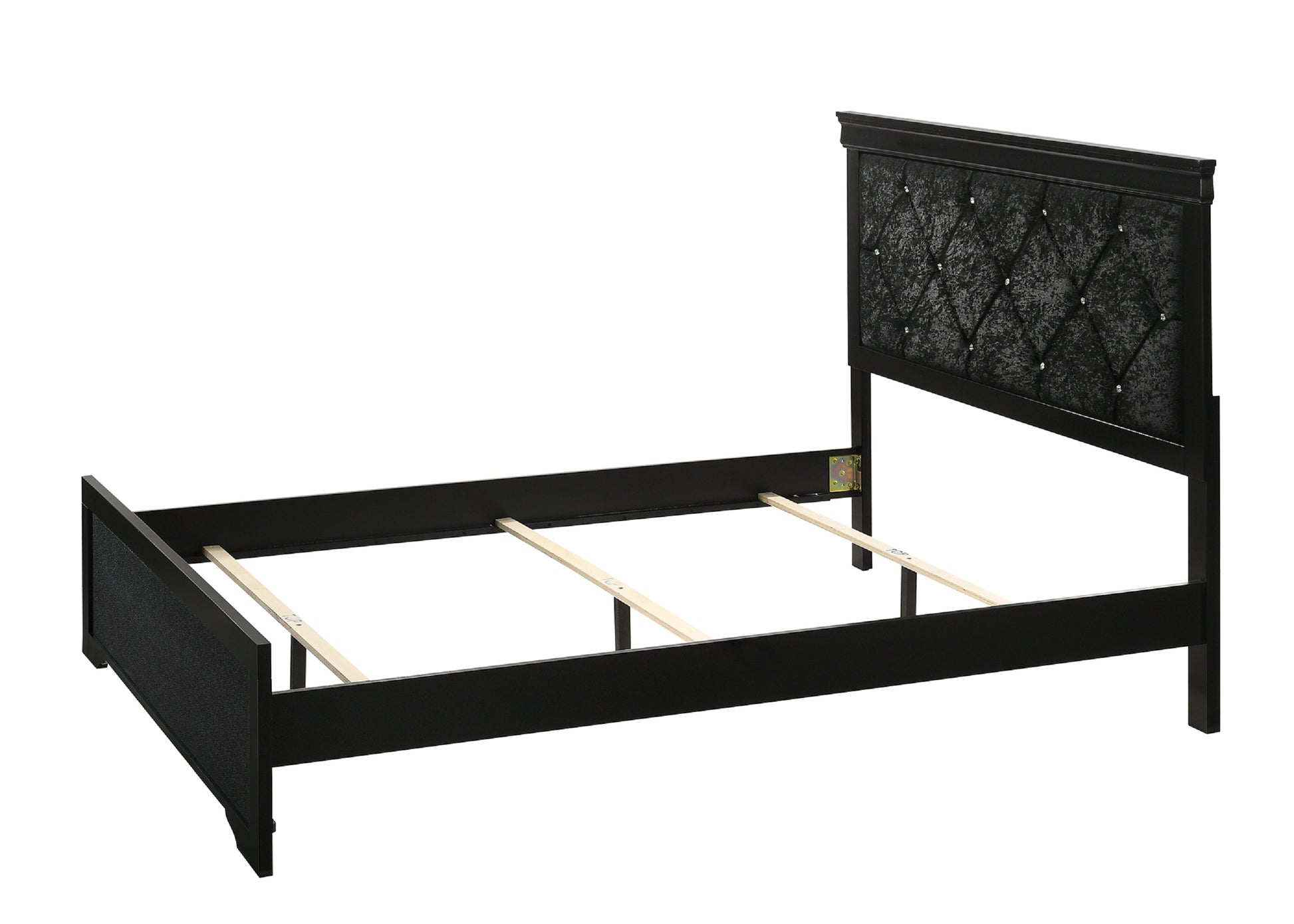 Black upholstered queen bed frame with diamond tufting and crystal accents