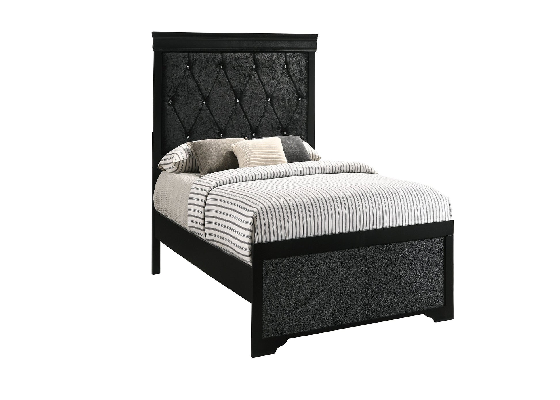 Black upholstered twin bed with crystal tufted headboard and striped bedding