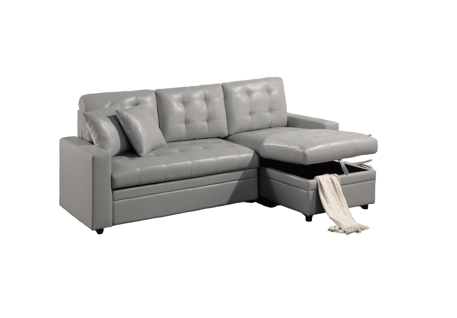Gray faux leather sectional sofa with tufted cushions and hidden storage