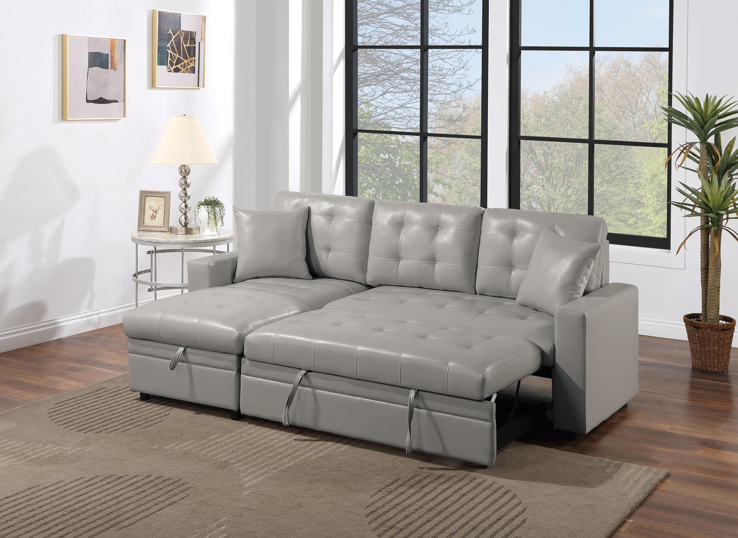 TREATLIFE HOME Light Gray Faux Leather Convertible Sectional Sofa with Pull Out Bed and Storage Chaise, Modern Design for Living Room