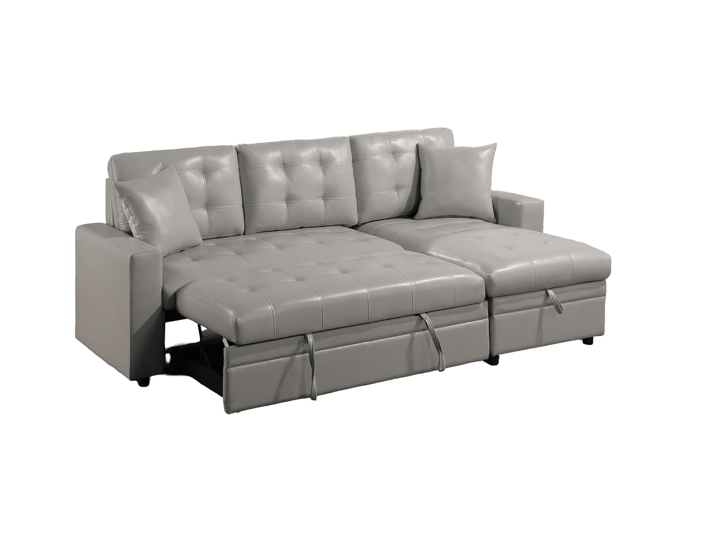 Gray leather sectional sofa with hidden storage and pullout bed functionality