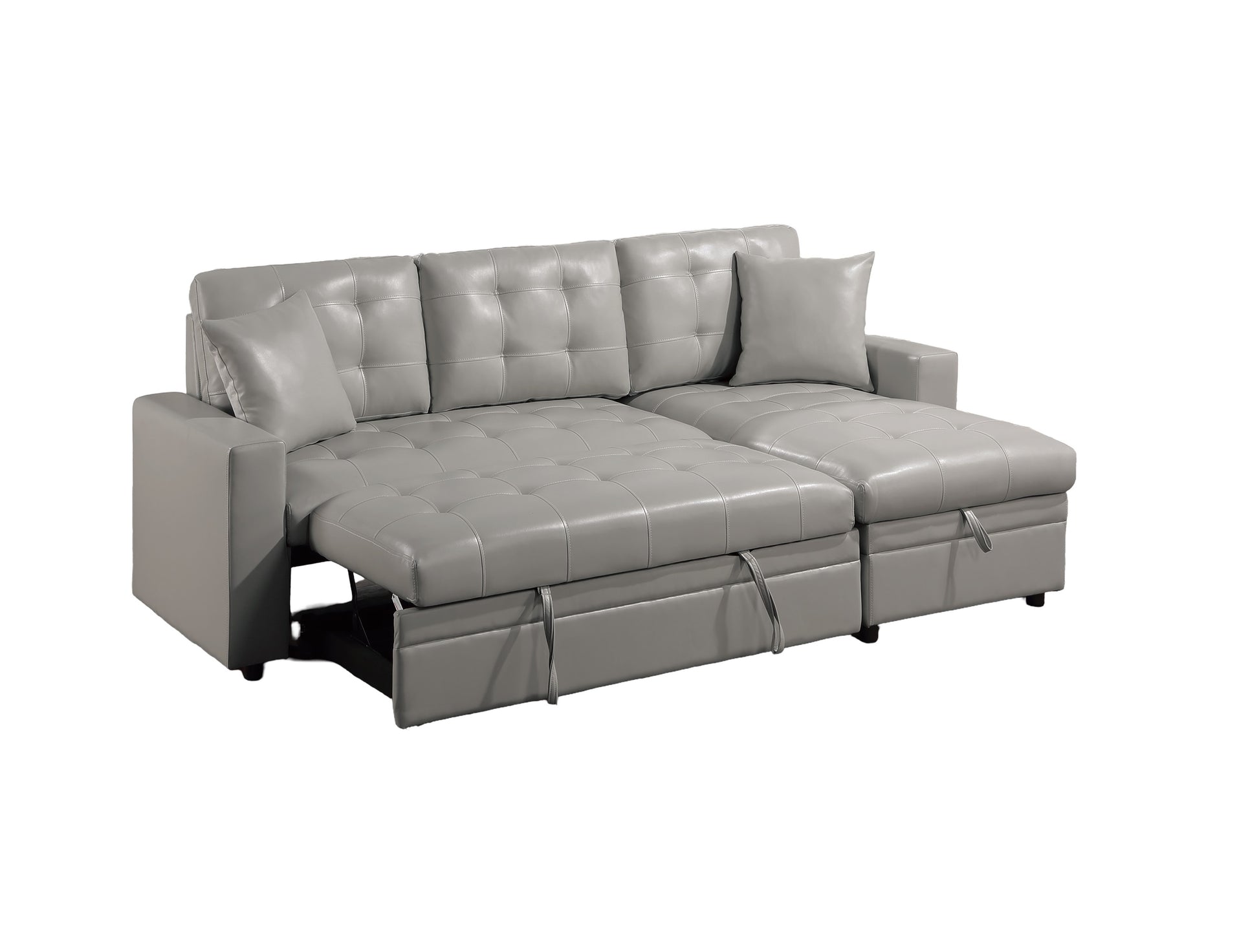 Gray leather sectional sofa with hidden storage and pullout bed functionality