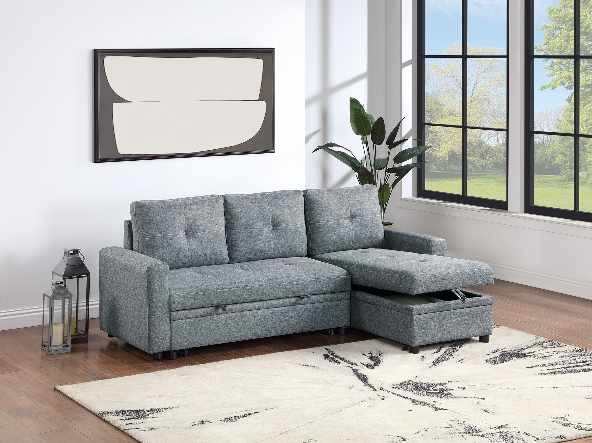 Gray sectional sofa with storage chaise modern tufted design