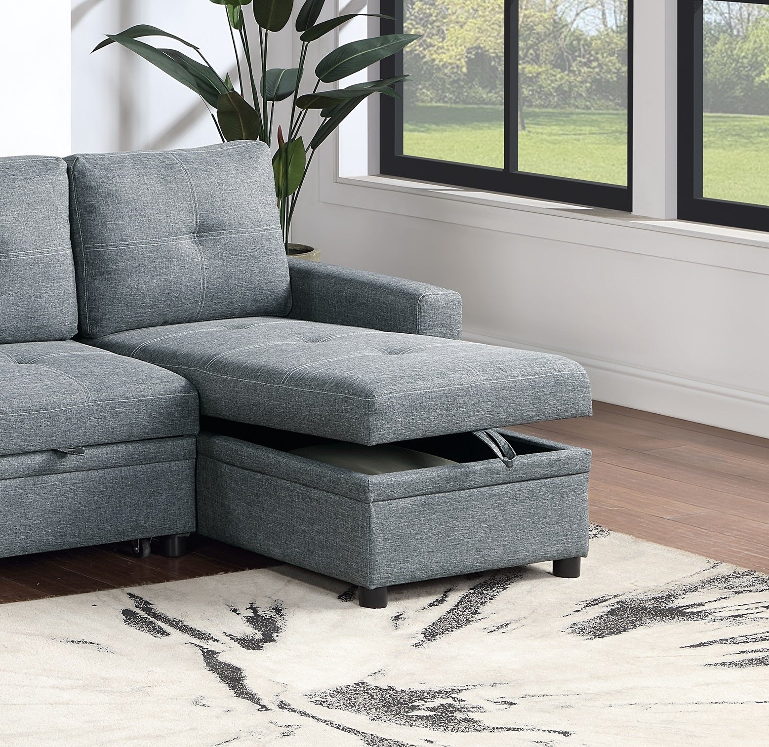 Gray fabric sectional sofa with hidden storage chaise modern living room furniture