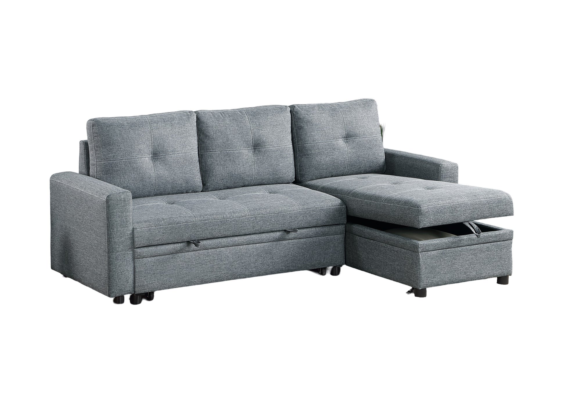 Gray fabric sectional sofa with chaise lounge and hidden storage compartment