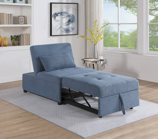 Blue fabric convertible chair and ottoman pulled out for use modern living room furniture