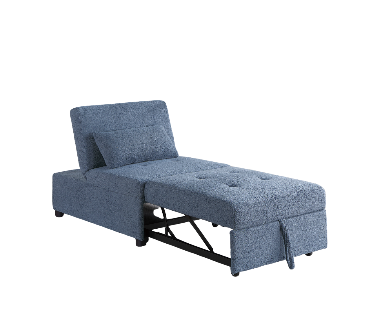 Blue upholstered sofa bed with chaise lounge extension and matching pillow