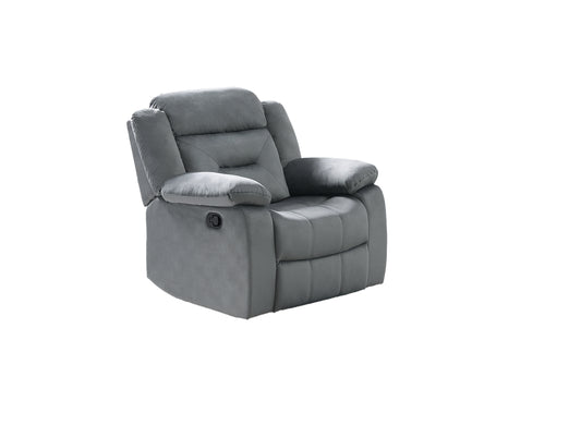 Plush grey fabric recliner chair with lumbar support and side lever