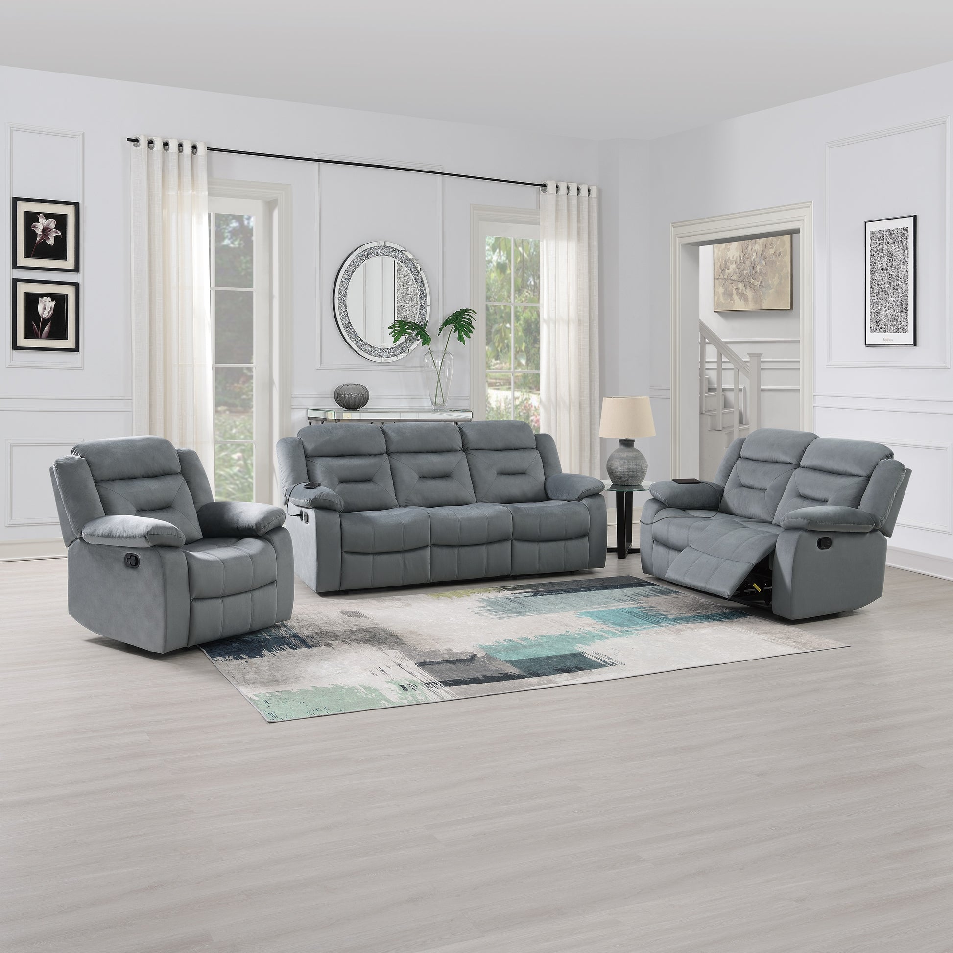Plush grey fabric reclining sofa set with integrated cup holders for ultimate comfort