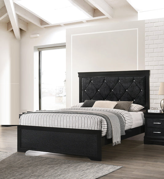 Black velvet upholstered platform bed with diamond tufting and crystal accents