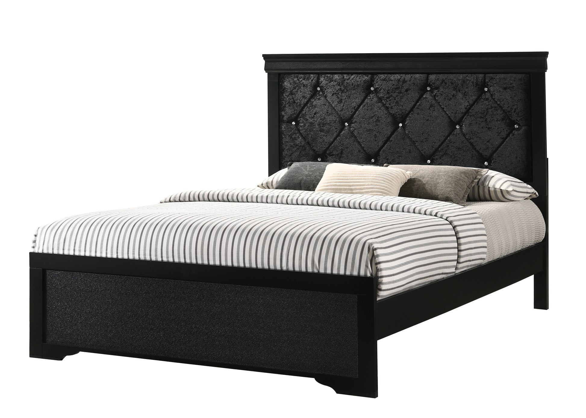Black upholstered bed with diamond tufting and crystal accents featuring a striped comforter