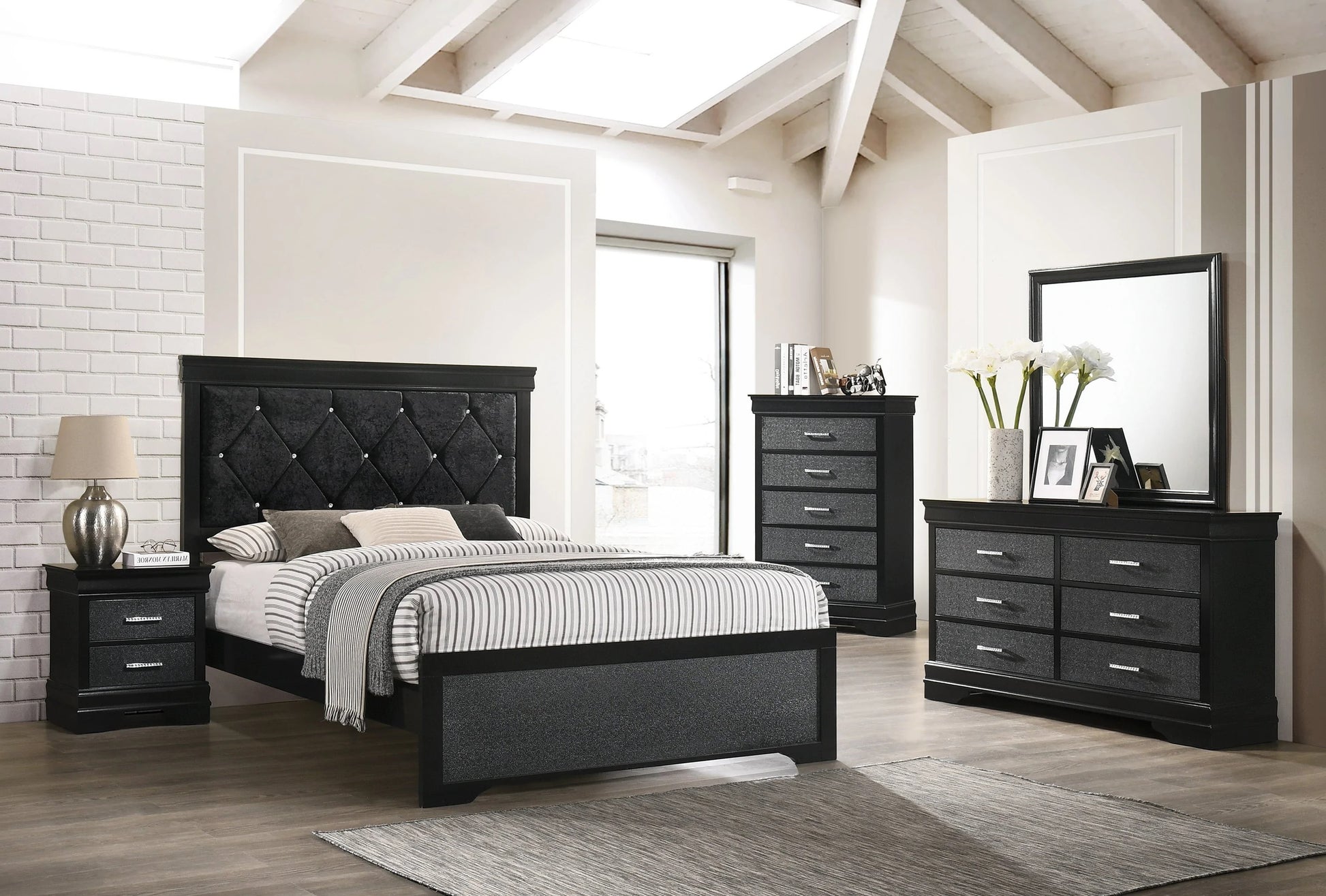 Black upholstered king bed with diamond tufting and crystal accents a modern bedroom set