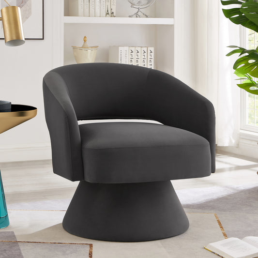 Dark gray velvet swivel accent chair with a flared base and curved arms